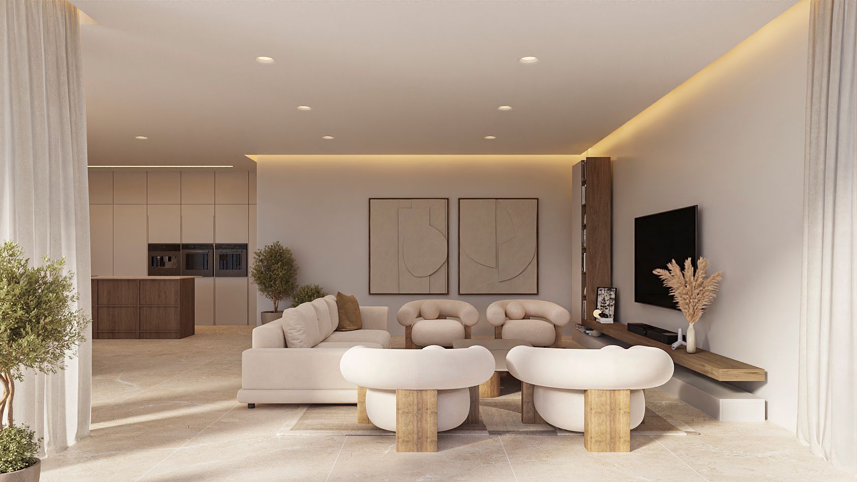 Salon à aire ouverte avec mobilier aux tons neutres, éclairage LED indirect et sol en pierre. L'espace communique harmonieusement avec la cuisine design en arrière-plan.