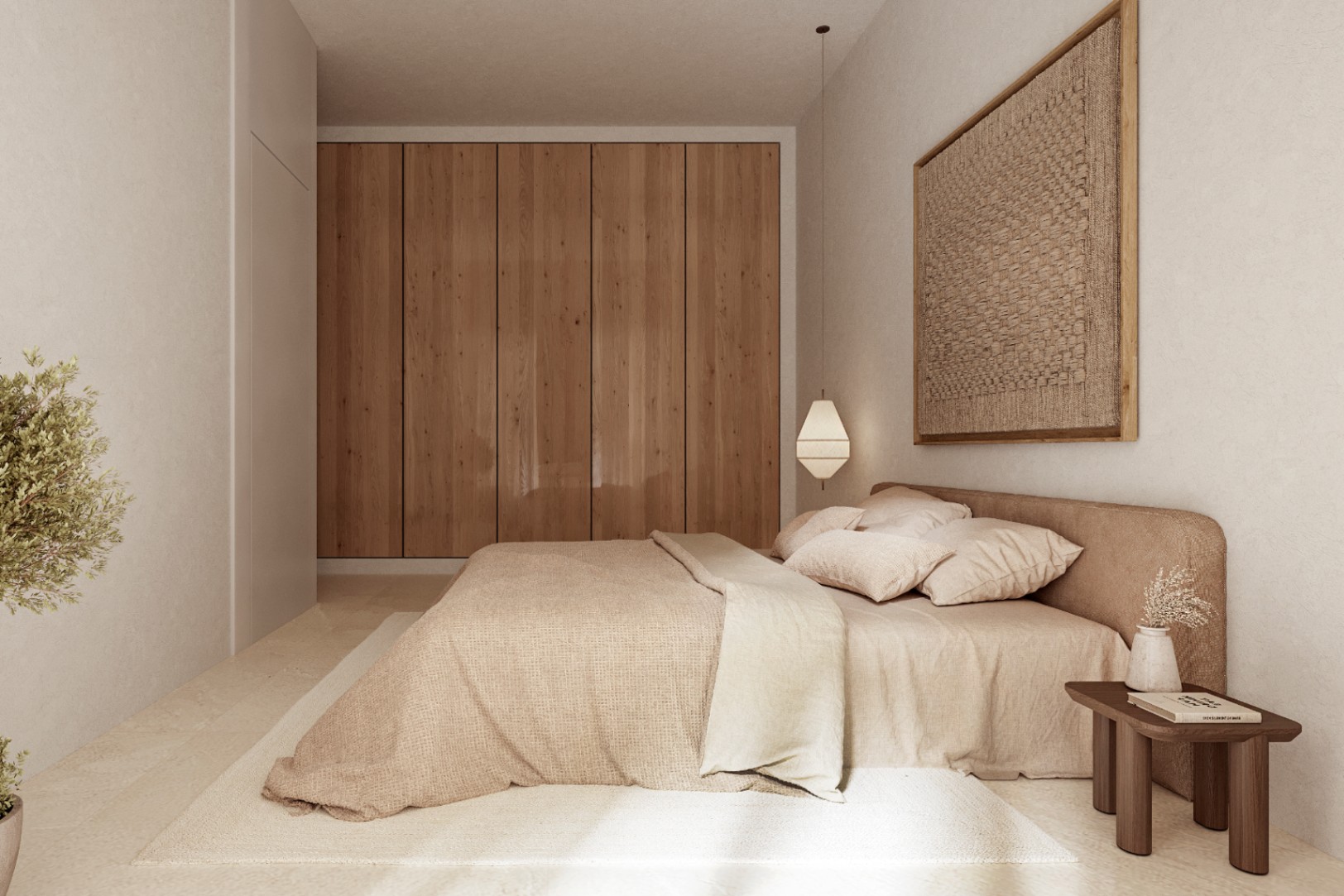 Chambre de style ibizien avec de grands placards en bois naturel, des murs aux tons neutres, une literie en lin et une décoration murale tissée.