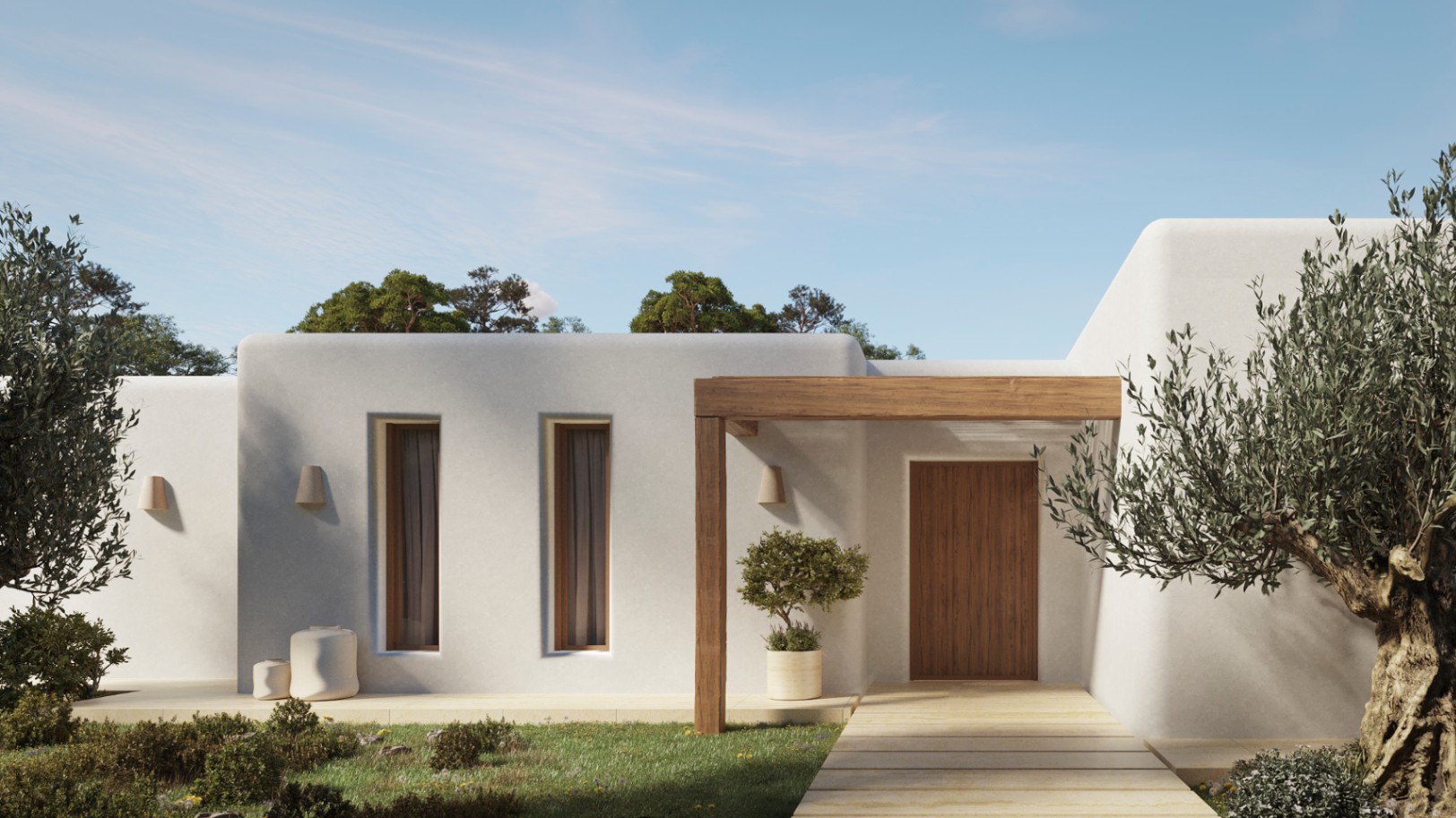 Entrée principale de style ibizien avec murs en stuc blanc, poutres en bois naturel et porte assortie, entourée d'oliviers et d'un jardin méditerranéen.