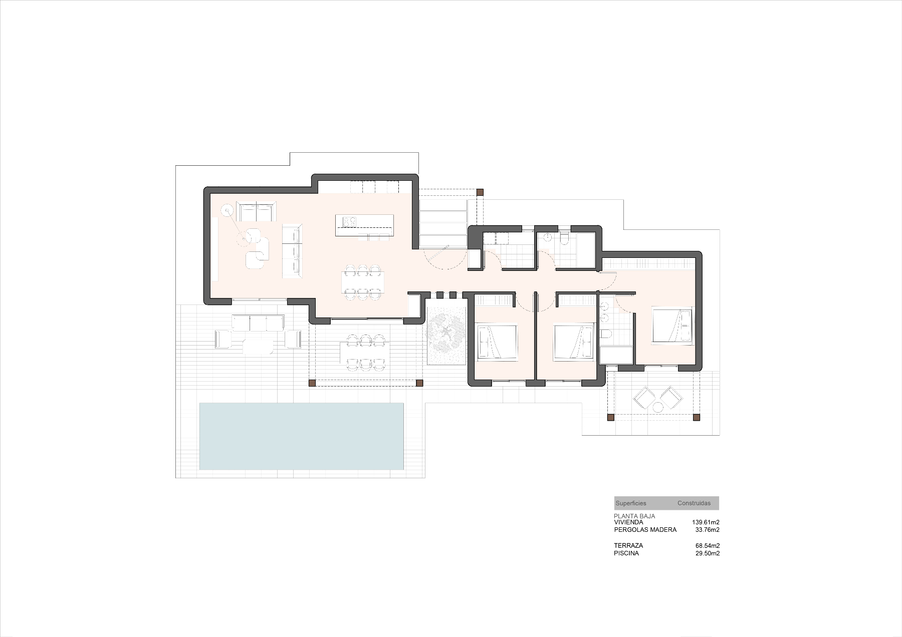 Plan détaillé du rez-de-chaussée illustrant la disposition des trois chambres, de l'espace de vie ouvert et de la terrasse avec piscine privée de 29 m².