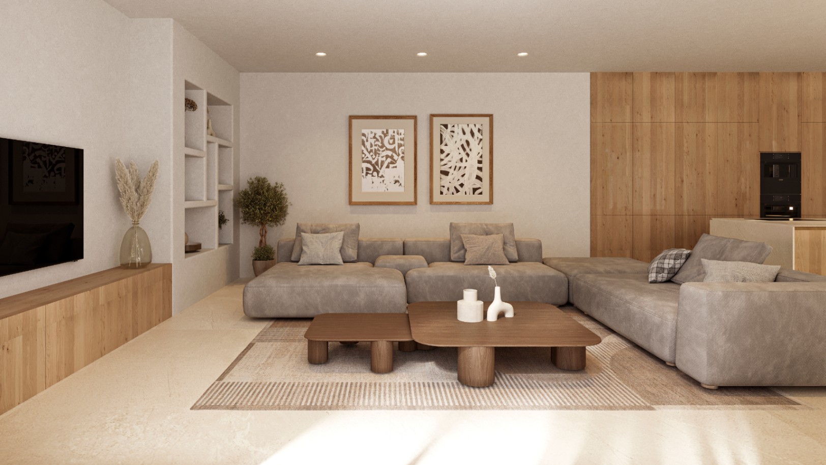 Salon à aire ouverte avec canapé modulaire gris, tables basses en chêne et étagères murales intégrées. Des boiseries naturelles relient le séjour à la cuisine.