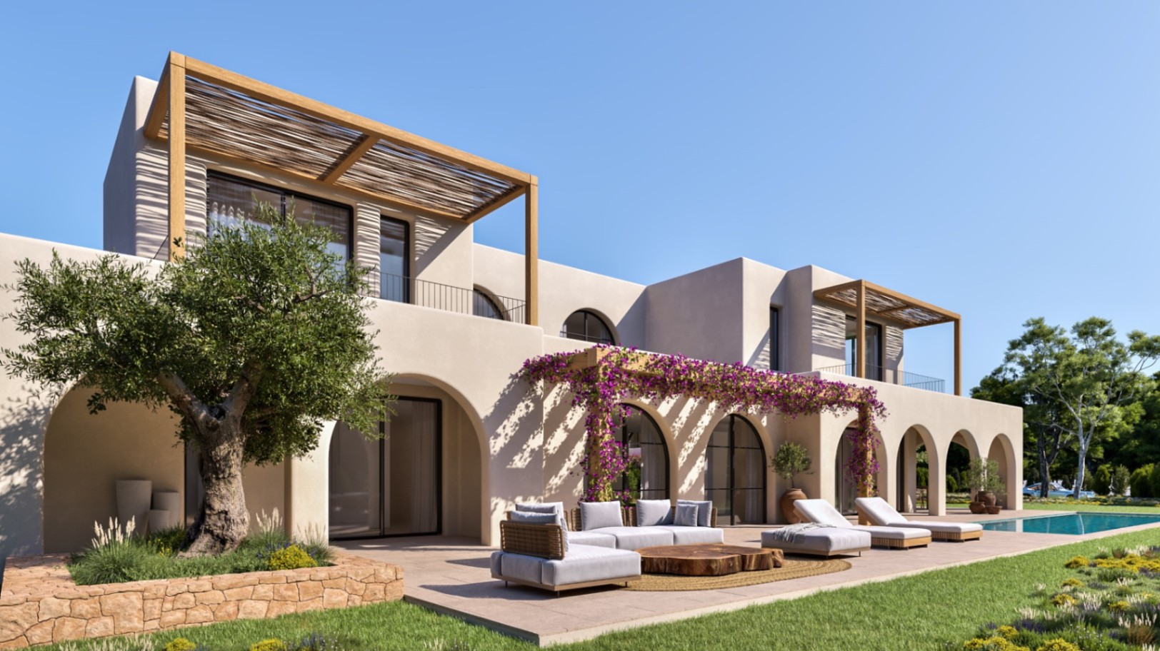 Extérieur de villa avec arches, pergolas en bois et bougainvilliers. Comprend un salon d'été, un olivier et un jardin paysager avec piscine.