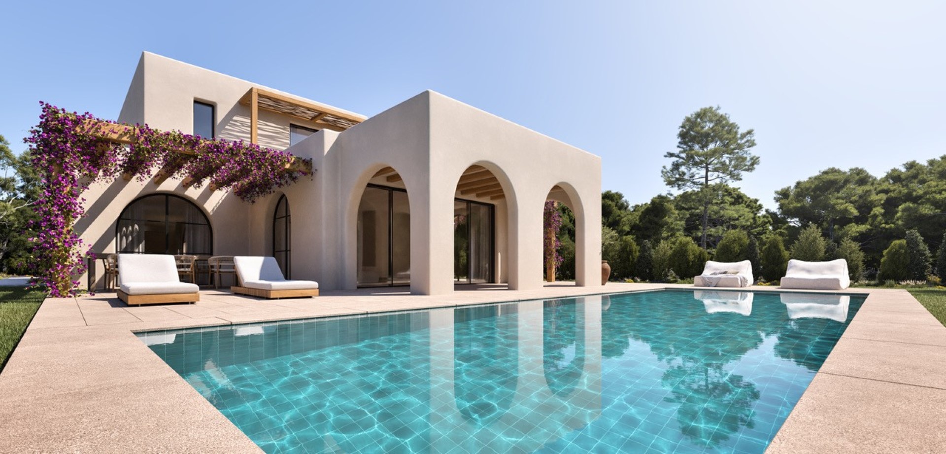 Extérieur de villa de luxe avec piscine privée, naya aux arches méditerranéennes et pergola en bois ornée de bougainvilliers.