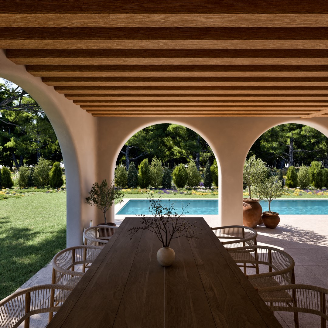 Naya méditerranéenne avec des arches, un plafond en poutres de bois et un coin repas extérieur face à la piscine privée et au jardin.