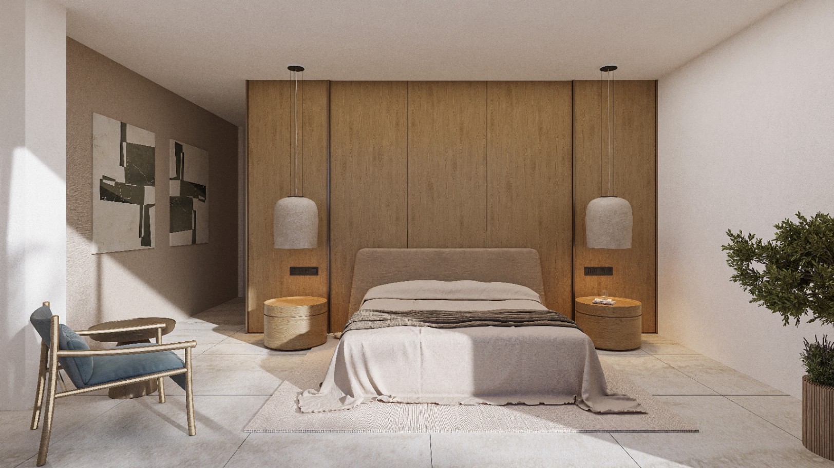 Chambre avec mur en bois et suspensions. Lit double avec literie neutre et tables de chevet cylindriques.