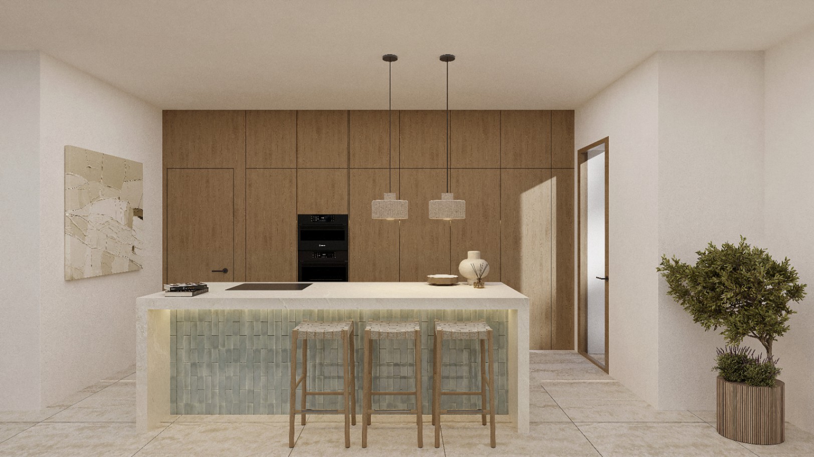 Cuisine moderne avec îlot central revêtu de carreaux et tabourets en bois clair.
