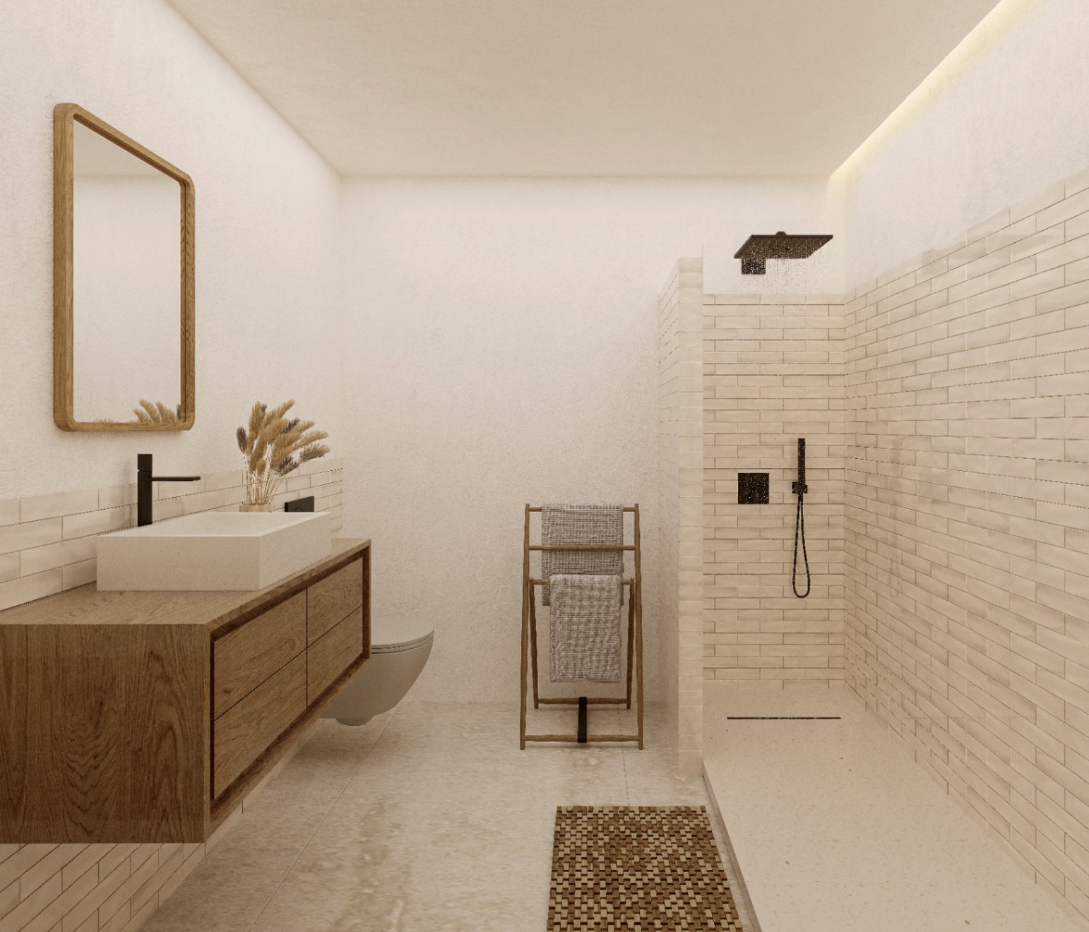 Détail de la salle de bain avec meuble-lavabo en bois, douche à l'italienne carrelée et porte-serviettes en bois.