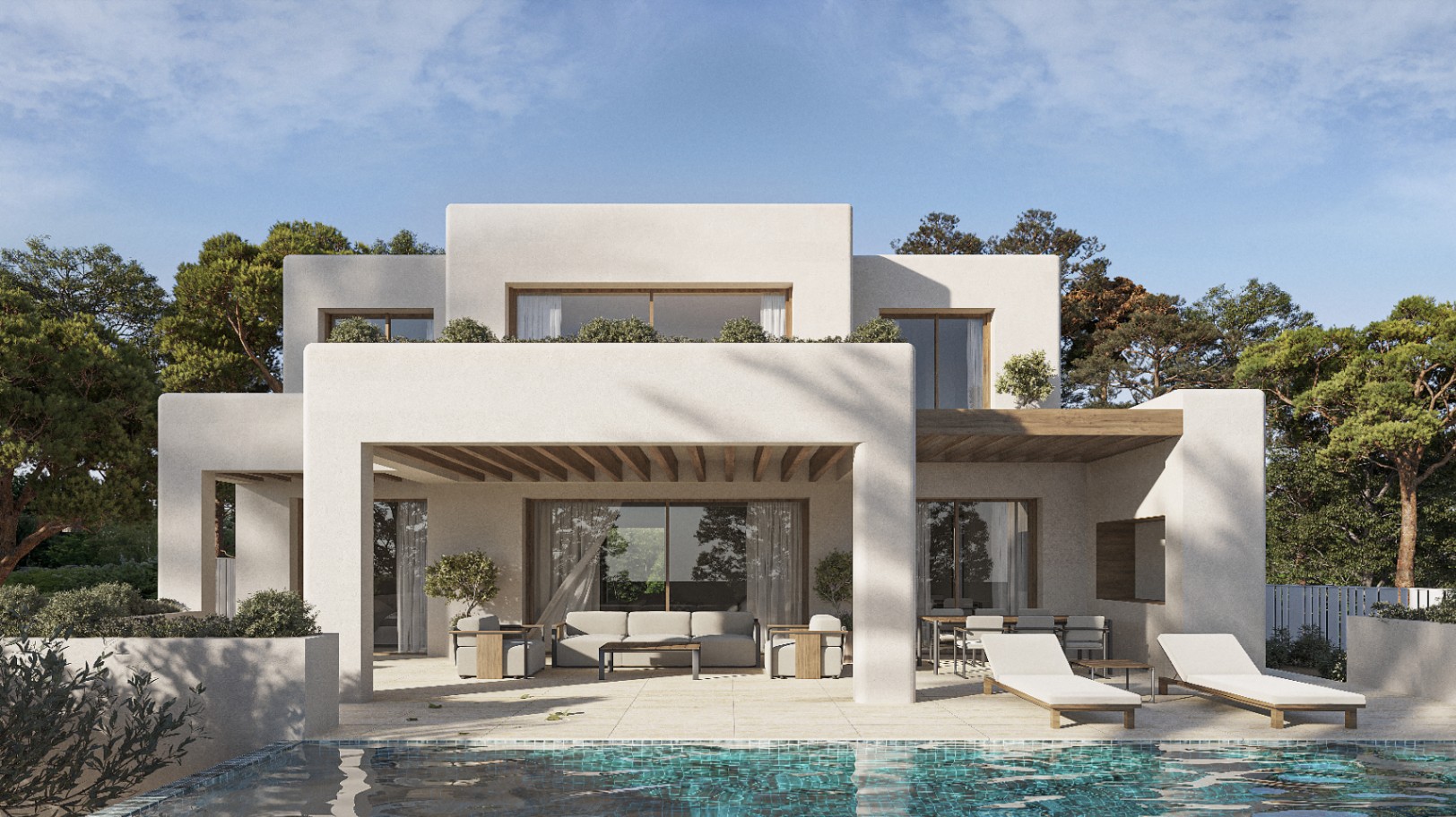 Vue extérieure de la villa avec piscine privée et terrasse couverte aux poutres apparentes.