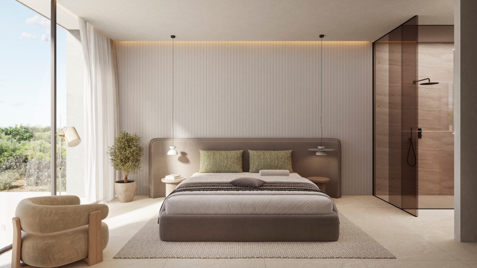 Chambre principale avec mur à lattes verticales, éclairage LED indirect et salle de douche intégrée avec paroi en verre fumé et finitions minérales.