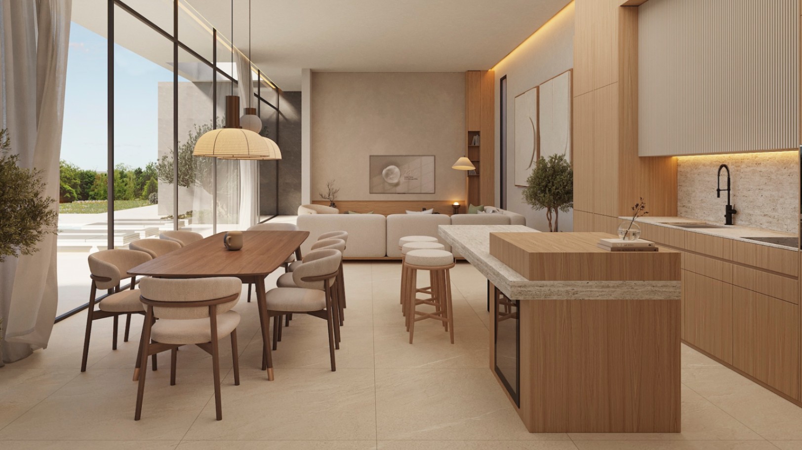 Espace de vie ouvert comprenant une cuisine avec îlot en pierre, une salle à manger en bois et de larges baies vitrées offrant une luminosité naturelle abondante.