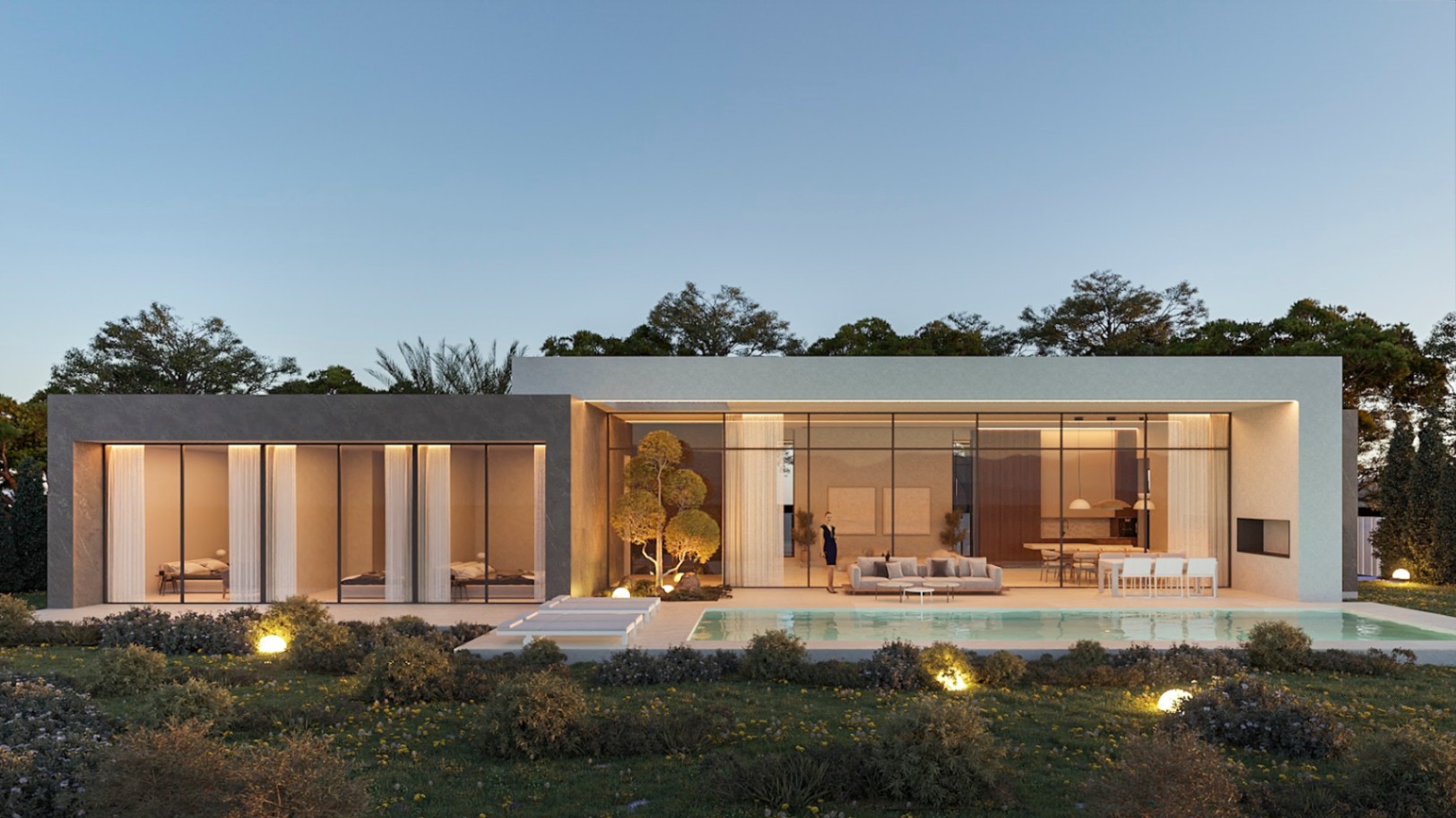 Façade contemporaine avec baies vitrées toute hauteur, piscine de 52 m² et jardin éclairé. L'architecture allie finitions en pierre et enduit blanc sous un éclairage LED.