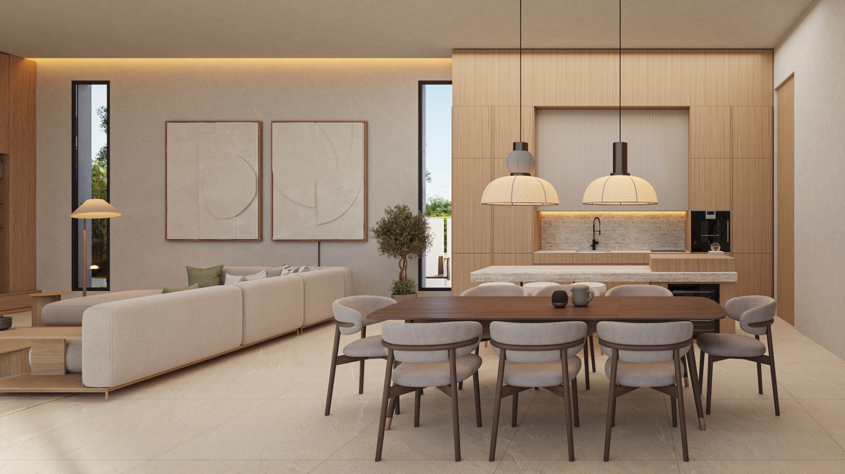 Salle à manger ouverte avec table en bois sombre et chaises rembourrées, intégrée à une cuisine minimaliste aux finitions en chêne naturel.