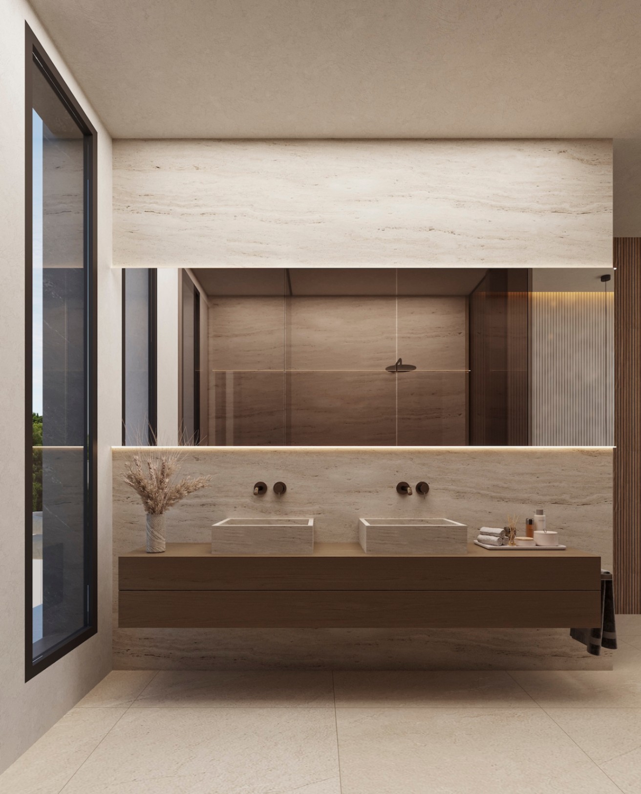 Salle de bain design avec double vasque en pierre sur meuble suspendu en bois, murs en pierre naturelle et grand miroir rétroéclairé. Robinetterie noire encastrée et grande fenêtre latérale.