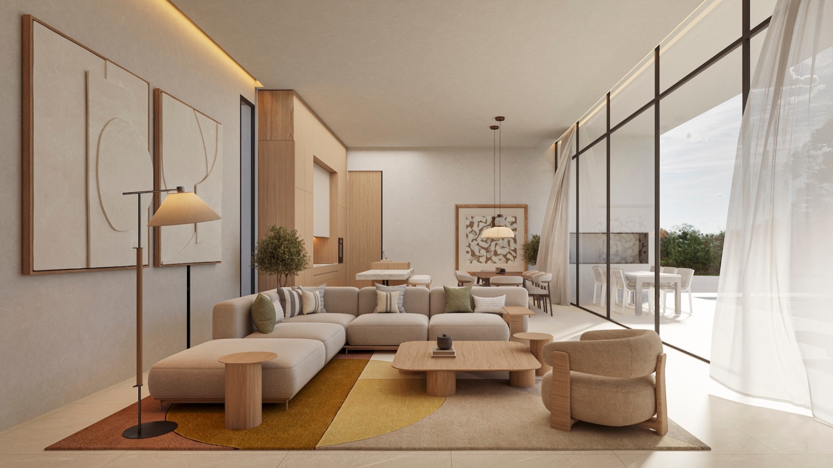 Salon à aire ouverte avec de grandes baies vitrées, un mobilier aux tons neutres, un éclairage LED intégré et un accès direct à la terrasse extérieure.