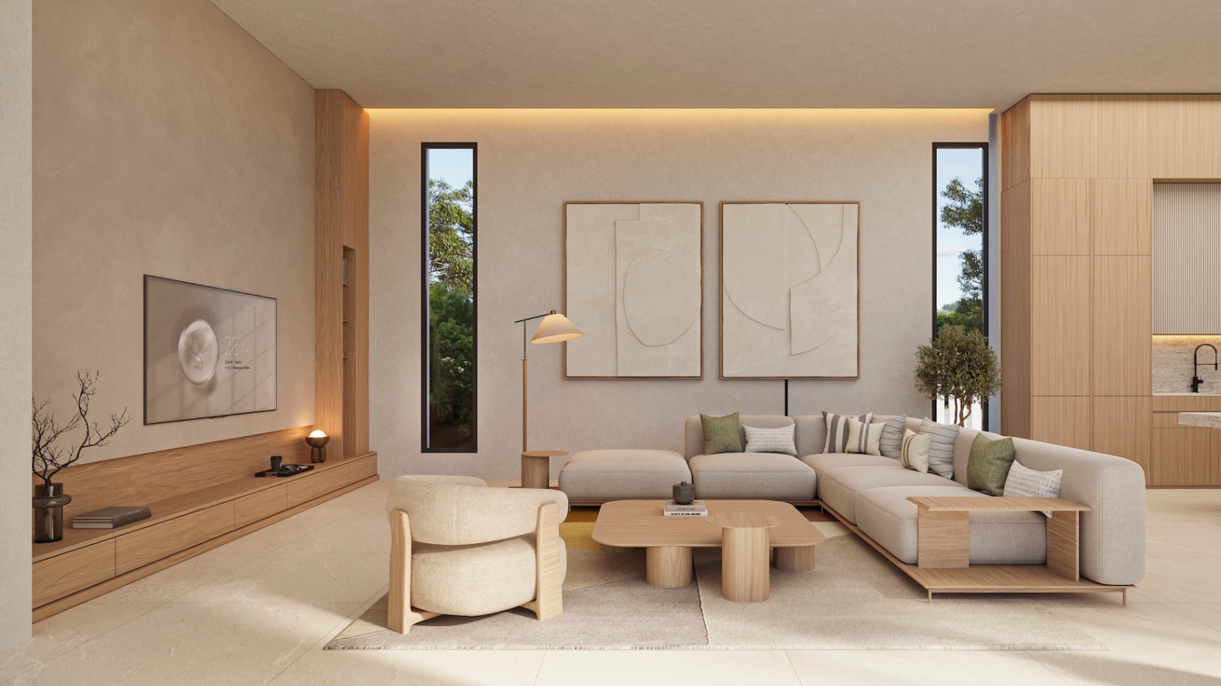 Salon contemporain avec menuiserie intégrée en chêne, canapés aux tons neutres et éclairage LED indirect soulignant les textures murales et le design épuré.