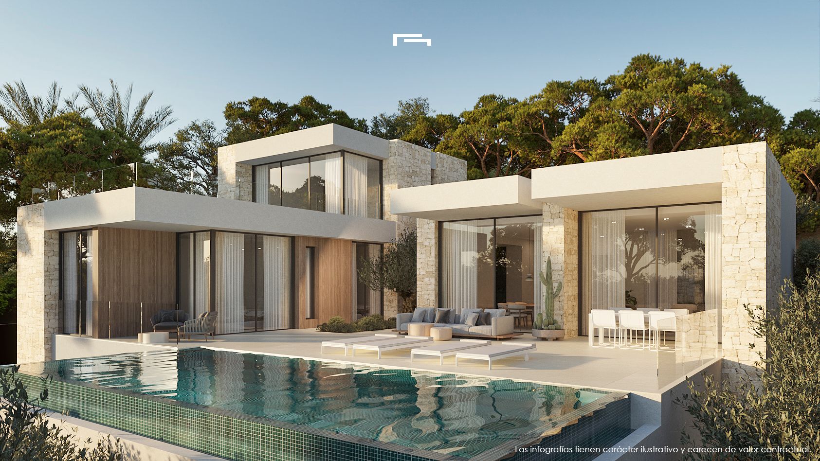 Façade de villa moderne avec murs en pierre naturelle, grandes baies vitrées et terrasse avec piscine à débordement entourée de pins.