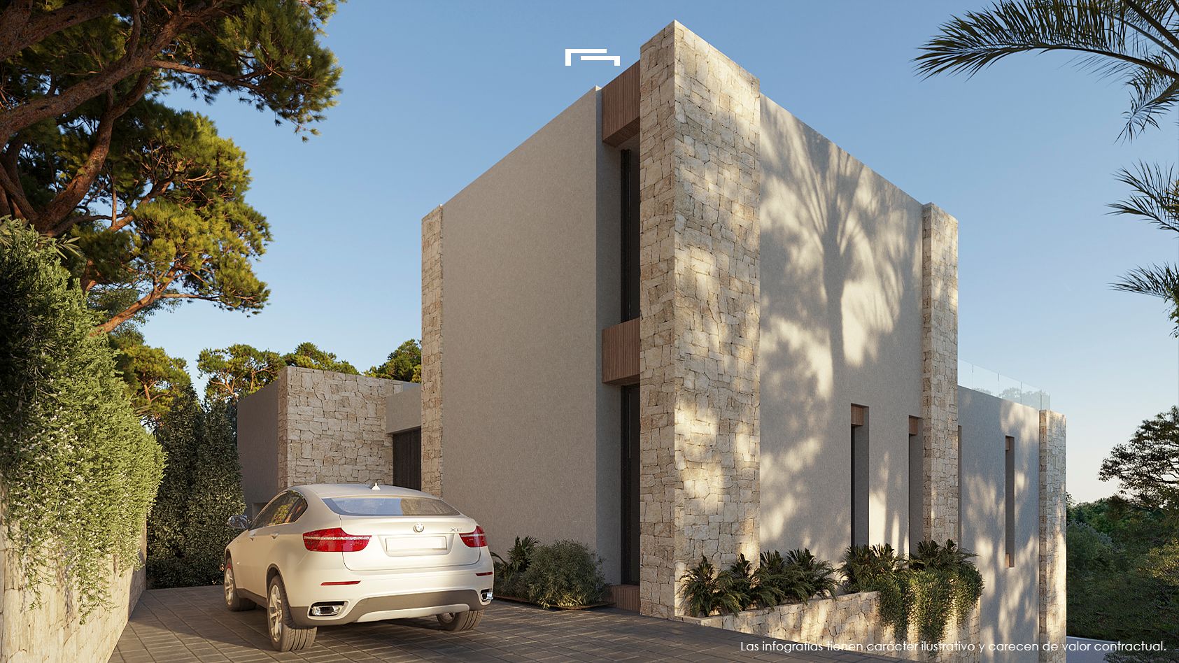 Façade extérieure moderne avec murs en pierre naturelle et crépi lisse, mettant en valeur l'accès au garage et la végétation méditerranéenne environnante.