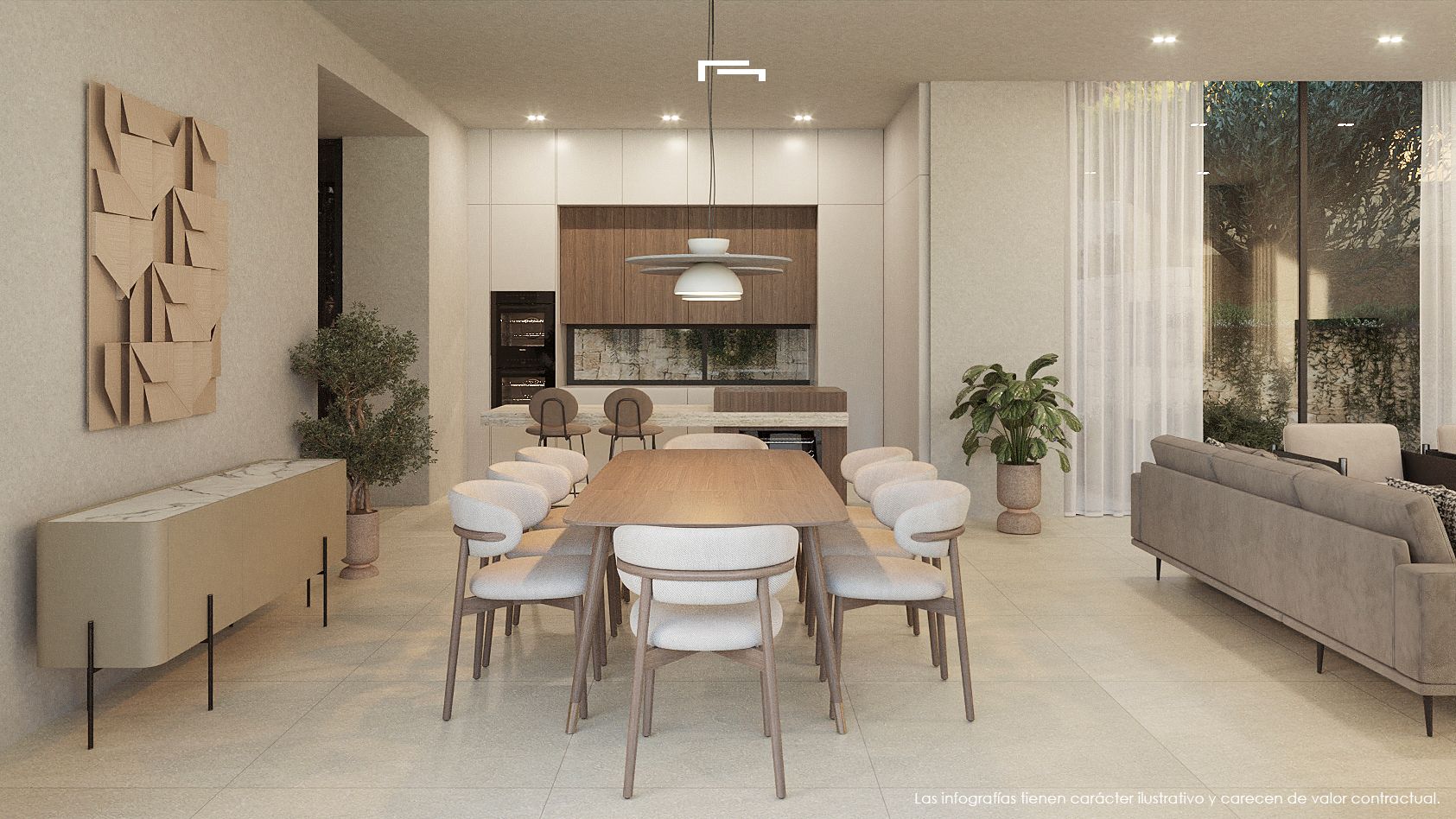 Salle à manger et cuisine ouverte avec table en bois pour huit personnes, luminaire design et finitions élégantes en pierre et bois naturel.