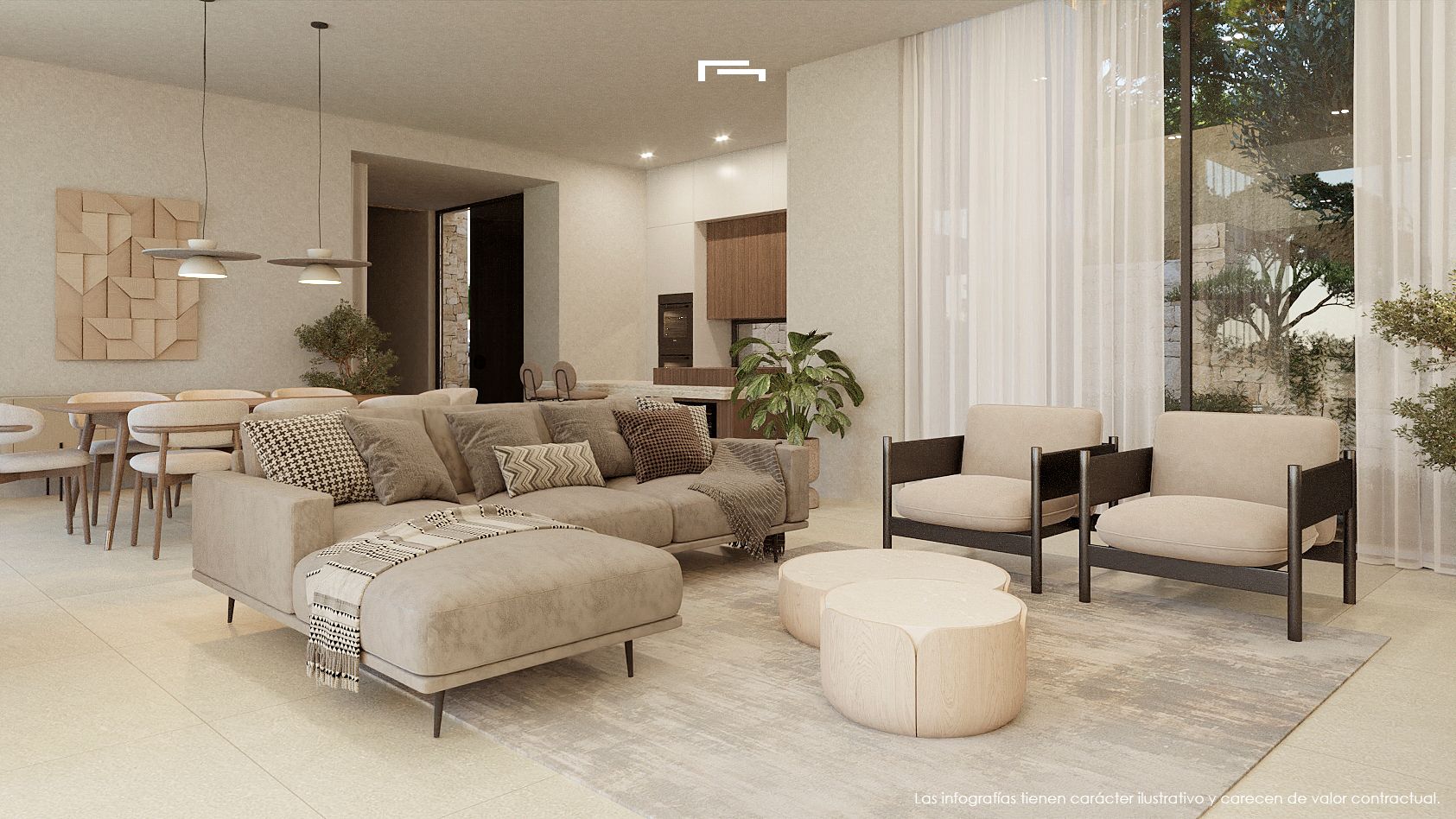 Salon à aire ouverte avec mobilier contemporain aux tons neutres, grandes baies vitrées et salle à manger intégrée éclairée par des suspensions au design épuré.
