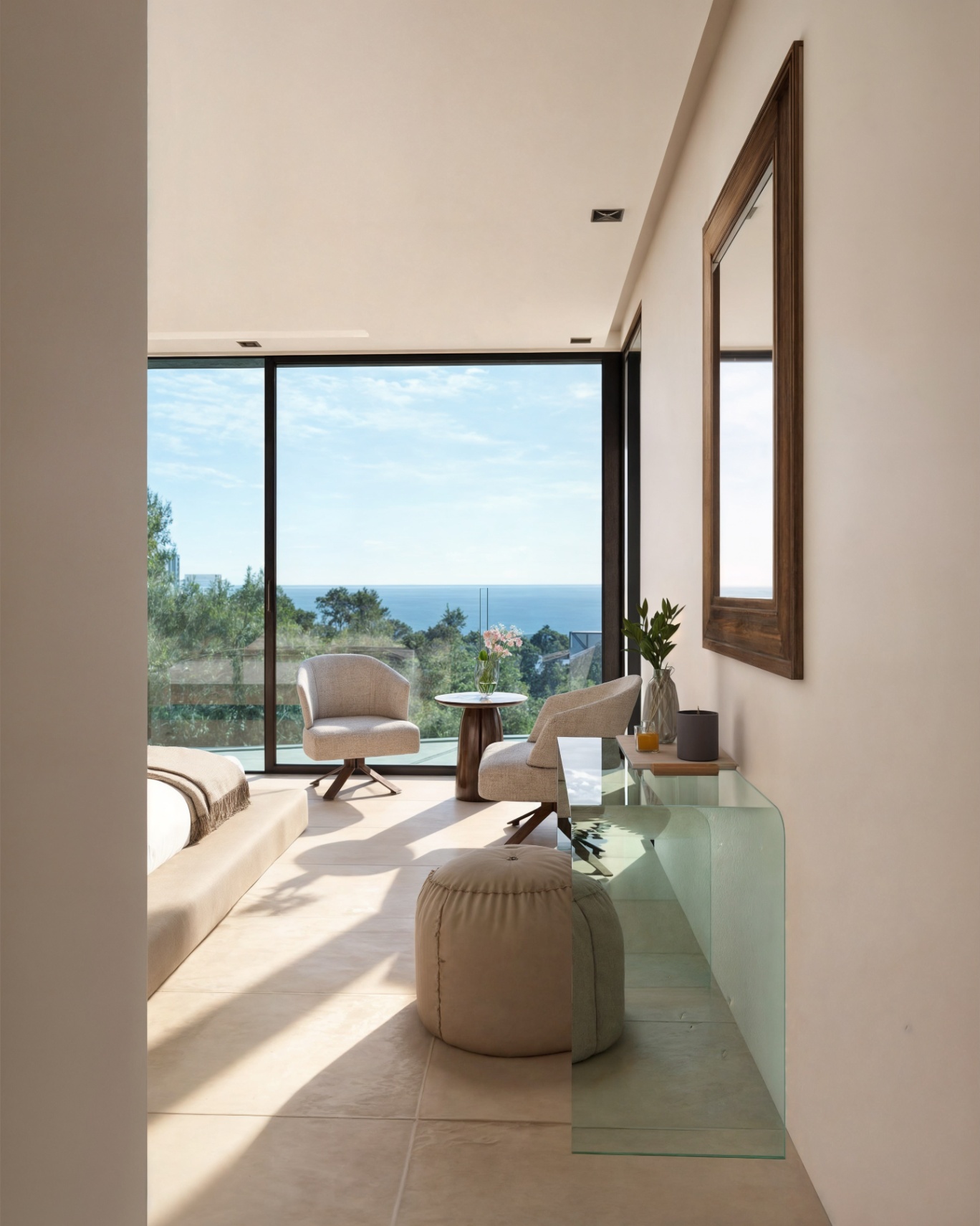 Chambre principale avec baies vitrées toute hauteur, coin salon avec fauteuils design et vue panoramique sur la mer Méditerranée et la nature environnante.