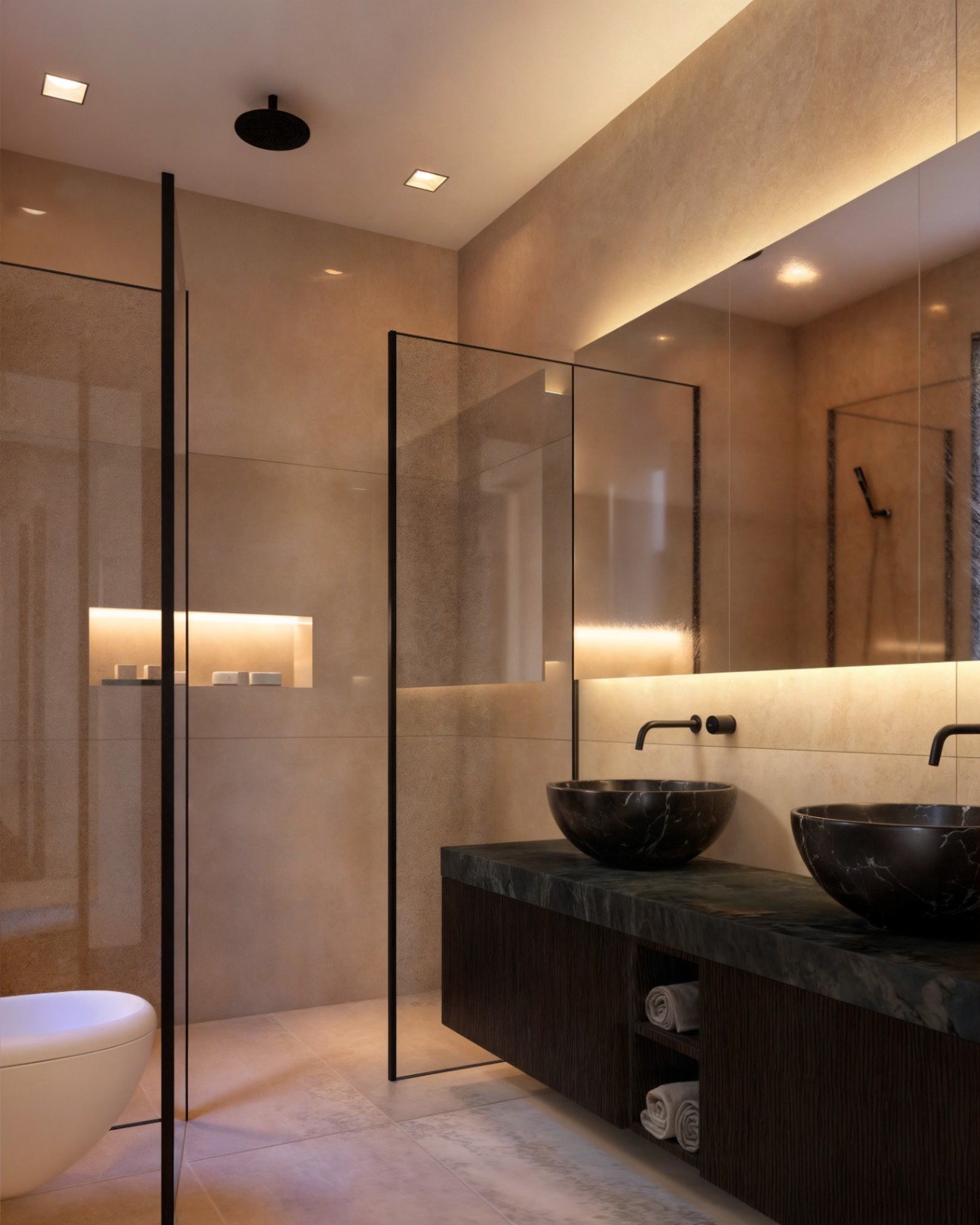Salle de bains moderne avec double vasque en marbre noir, robinetterie murale sombre, grand miroir rétroéclairé et douche à l'italienne avec parois vitrées.