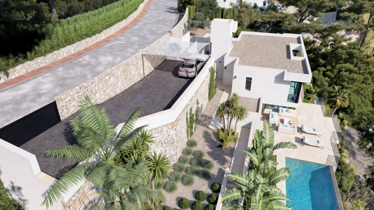 Vue aérienne de l'accès privé avec murs en pierre, parking ombragé et terrasse inférieure comprenant une piscine à débordement et des jardins paysagers.