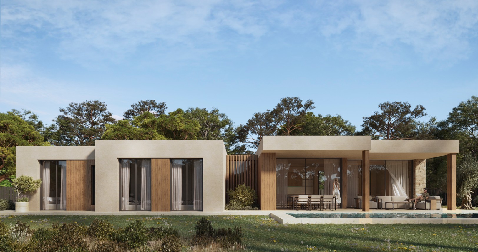 Façade extérieure d'une villa contemporaine avec bardage en bois, porche couvert aménagé et grandes baies vitrées s'ouvrant sur la piscine et le jardin méditerranéen.
