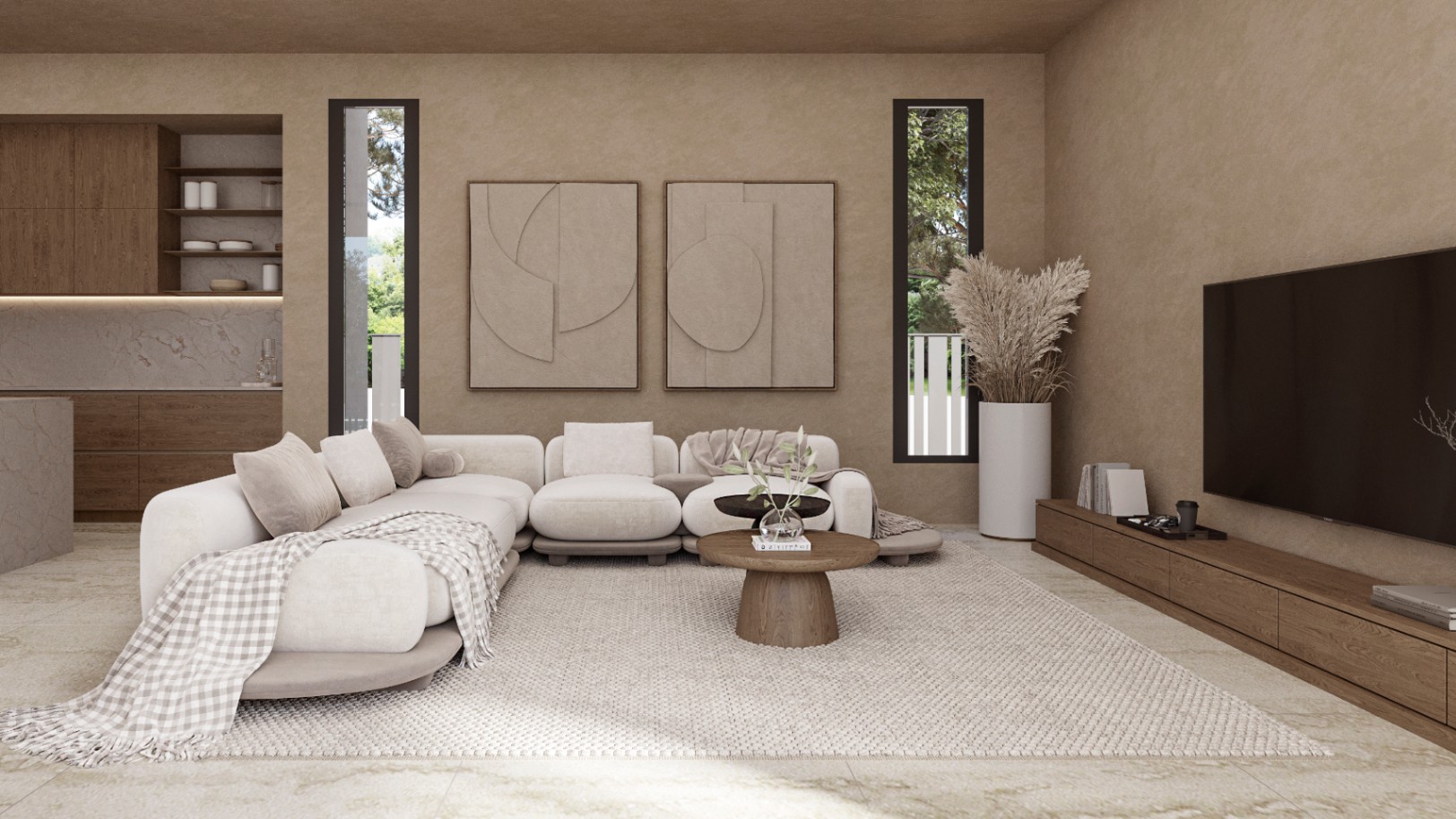 Salon à aire ouverte avec murs texturés aux tons terreux, canapé modulaire et mobilier en bois minimaliste, s'ouvrant sur une cuisine moderne intégrée.