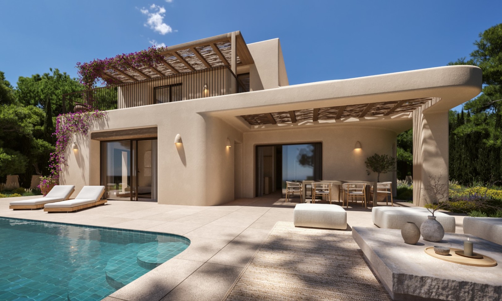 Extérieur méditerranéen avec piscine turquoise, terrasses en pierre et pergolas en bois. L'architecture aux formes arrondies intègre un coin repas ombragé et des bougainvilliers.