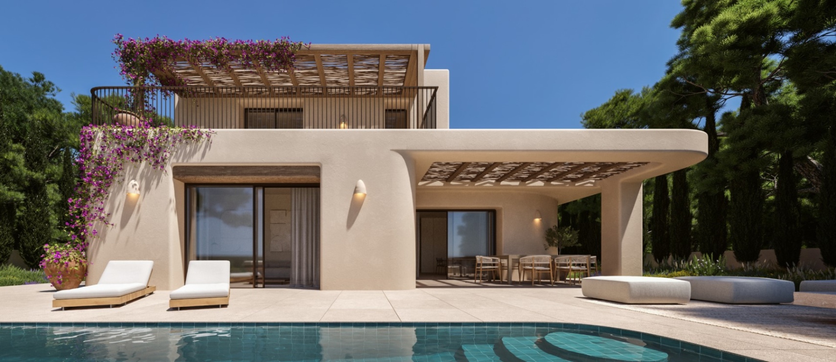 Façade méditerranéenne de la Villa Thalassa avec piscine en mosaïque bleue, terrasses ombragées par des pergolas en bois et bougainvilliers en fleurs.