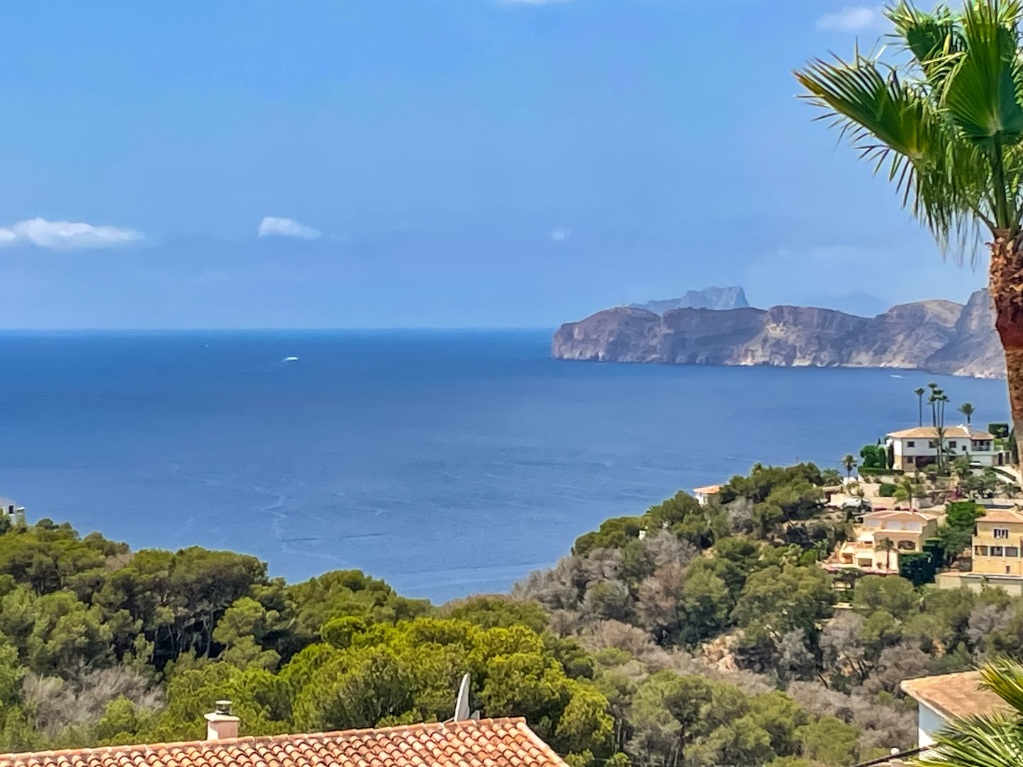 Vues panoramiques sur la mer Méditerranée et les falaises, surplombant une pinède dense et des toitures traditionnelles en terre cuite à Jávea.