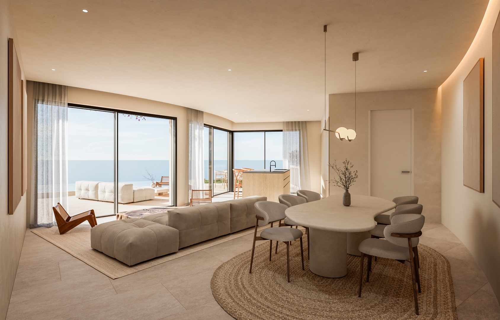 Espace de vie ouvert avec salle à manger aux formes organiques, sols en pierre naturelle et baies vitrées offrant une vue imprenable sur la mer Méditerranée.