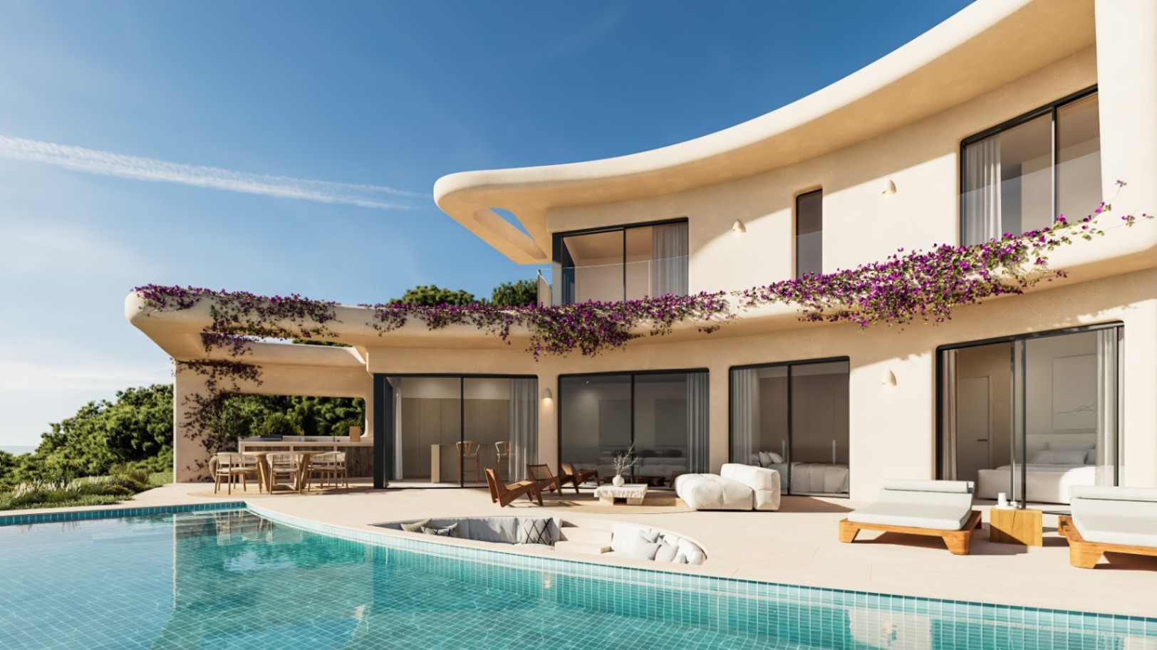 Façade incurvée de style ibizien avec piscine à débordement, salon de jardin intégré et terrasse spacieuse ornée de bougainvilliers.