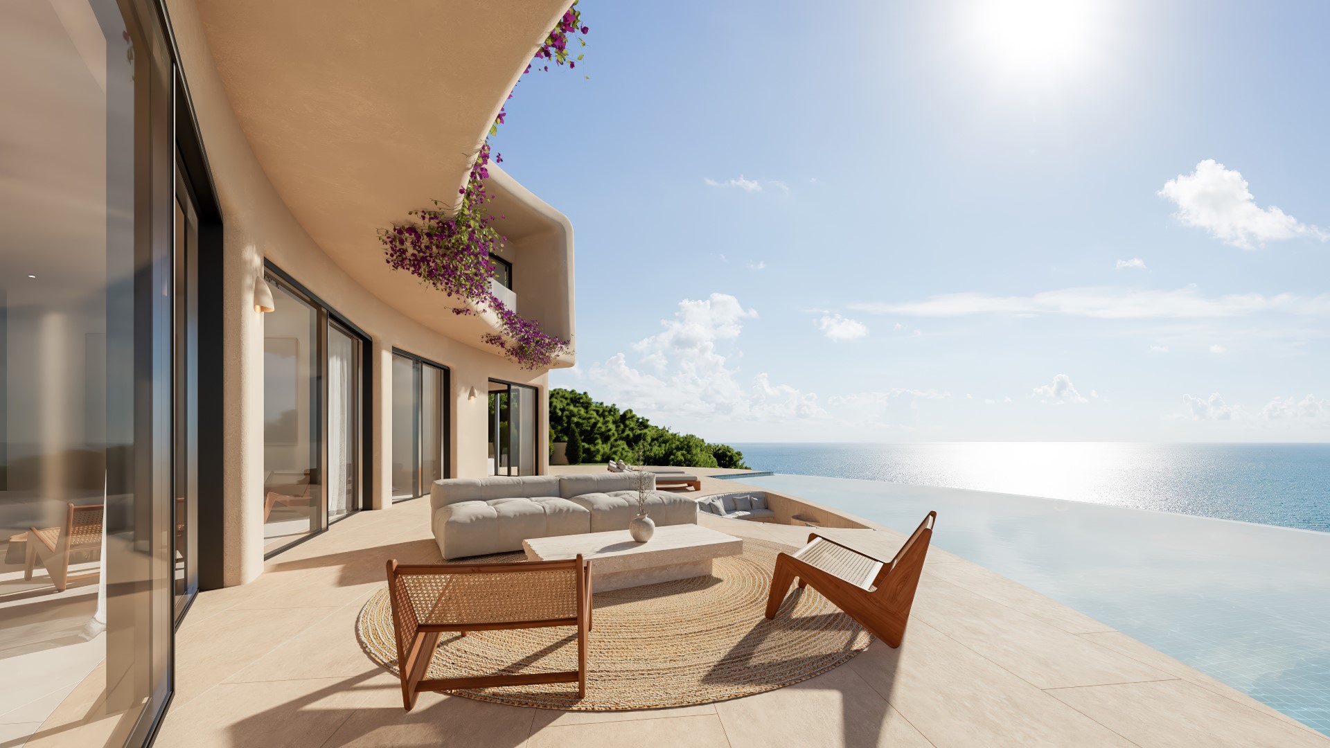 Terrasse principale avec piscine à débordement et vue mer. Mobilier design sur tapis de jute, encadré par une architecture aux lignes courbes et des bougainvilliers.
