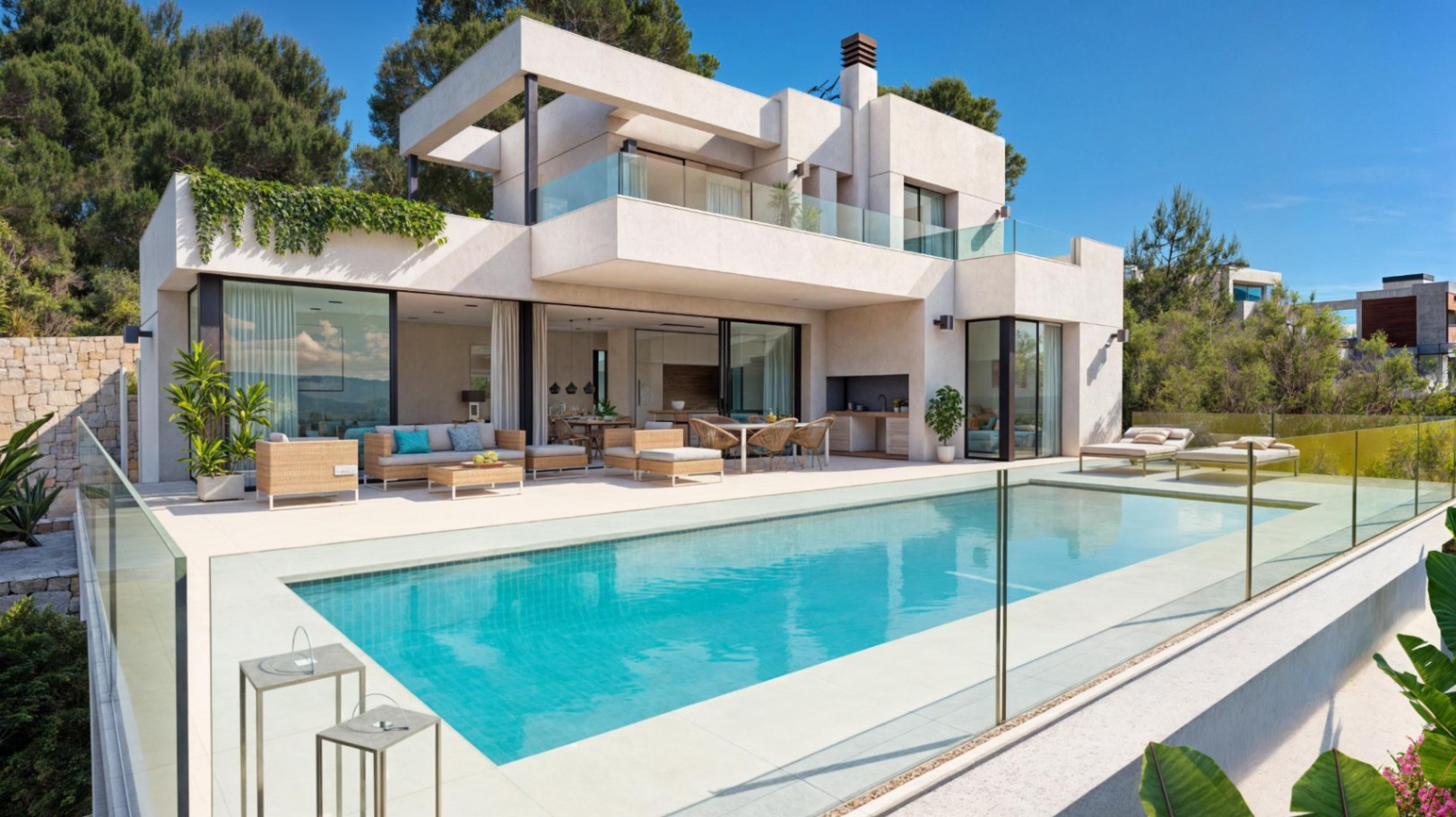Façade contemporaine avec piscine privée, terrasses spacieuses, cuisine d'été et grandes baies vitrées offrant une transition fluide entre l'intérieur et l'extérieur.