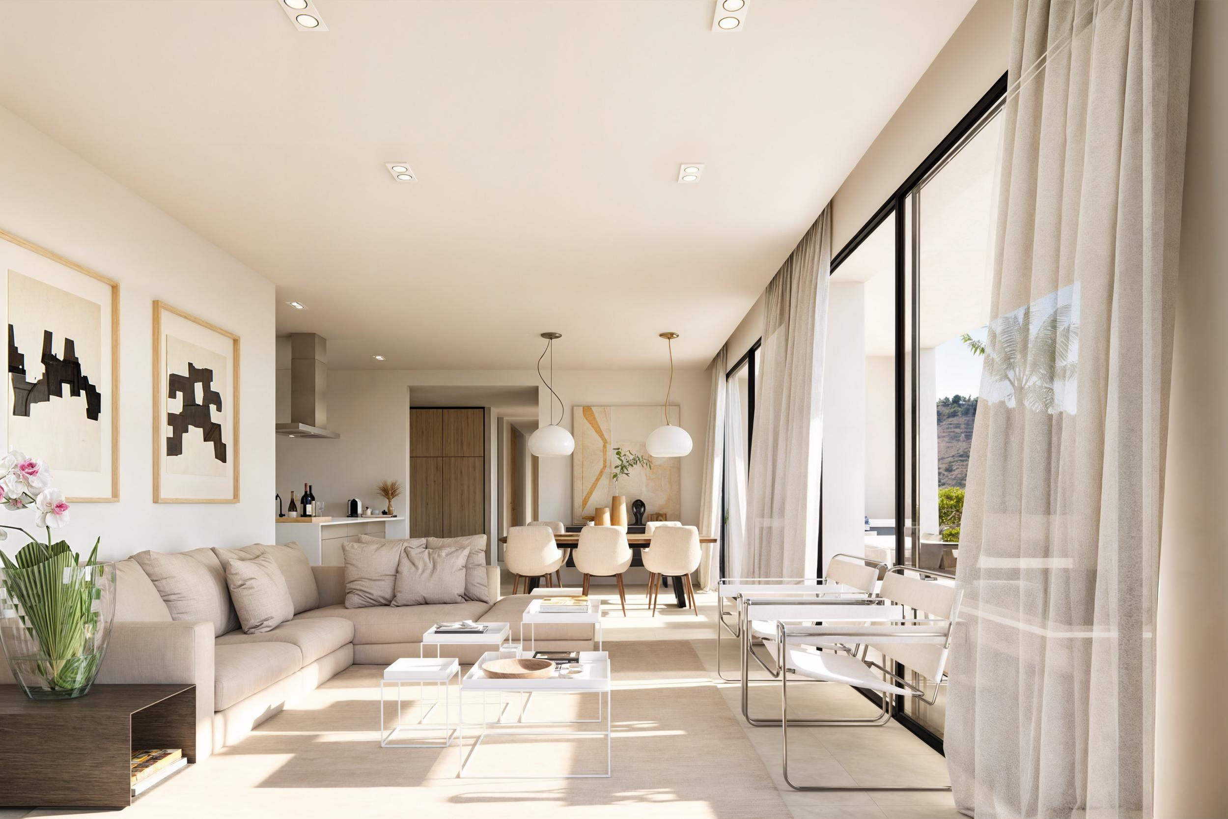 Salon-salle à manger lumineux avec accès terrasse et décor minimaliste.