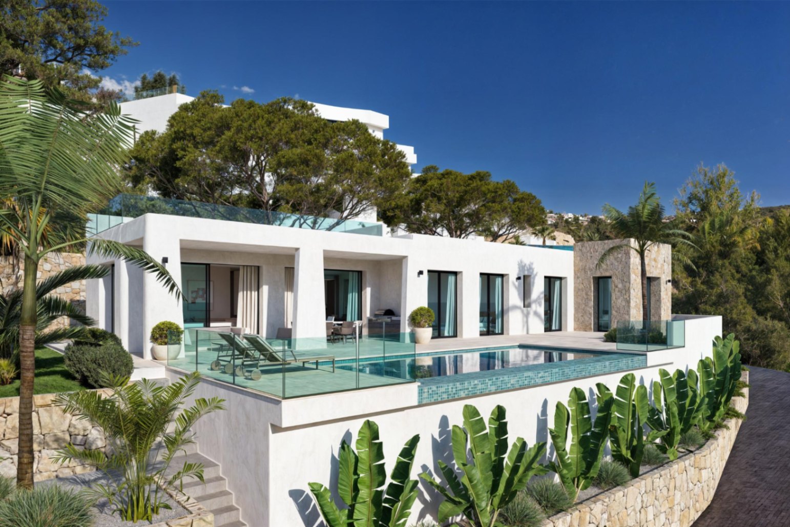 Vue extérieure de la villa avec piscine, terrasse avec transats et jardin méditerranéen avec palmiers.