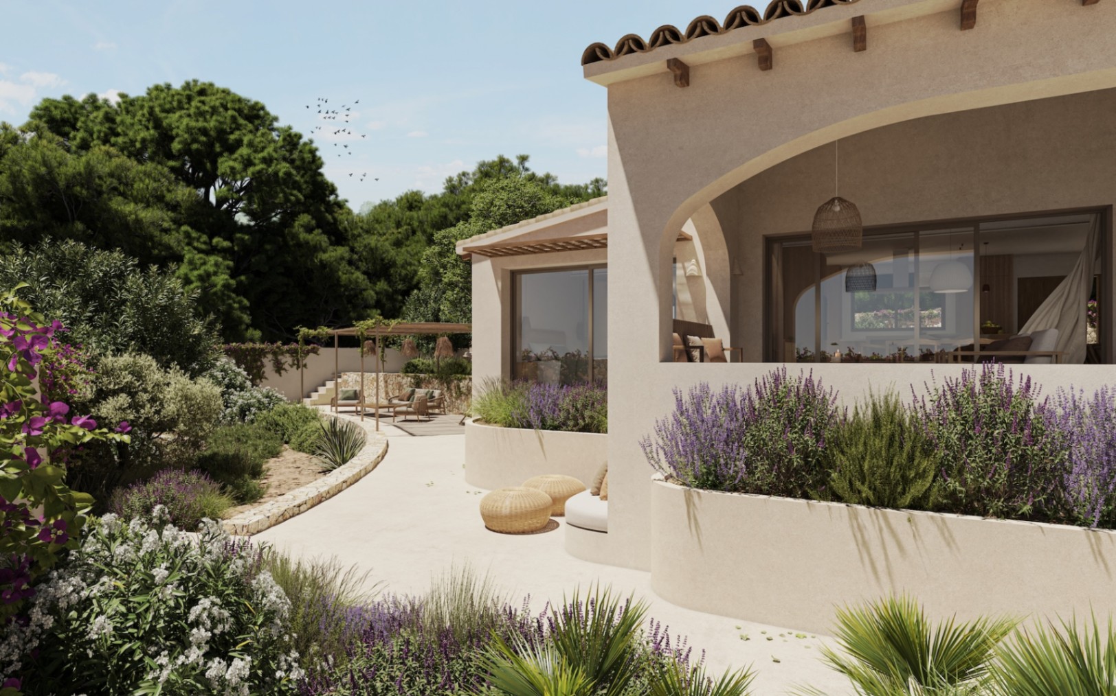 Façade méditerranéenne avec porche voûté, finitions aux tons sable et jardin de lavande, menant à une pergola ombragée et un espace de détente extérieur.