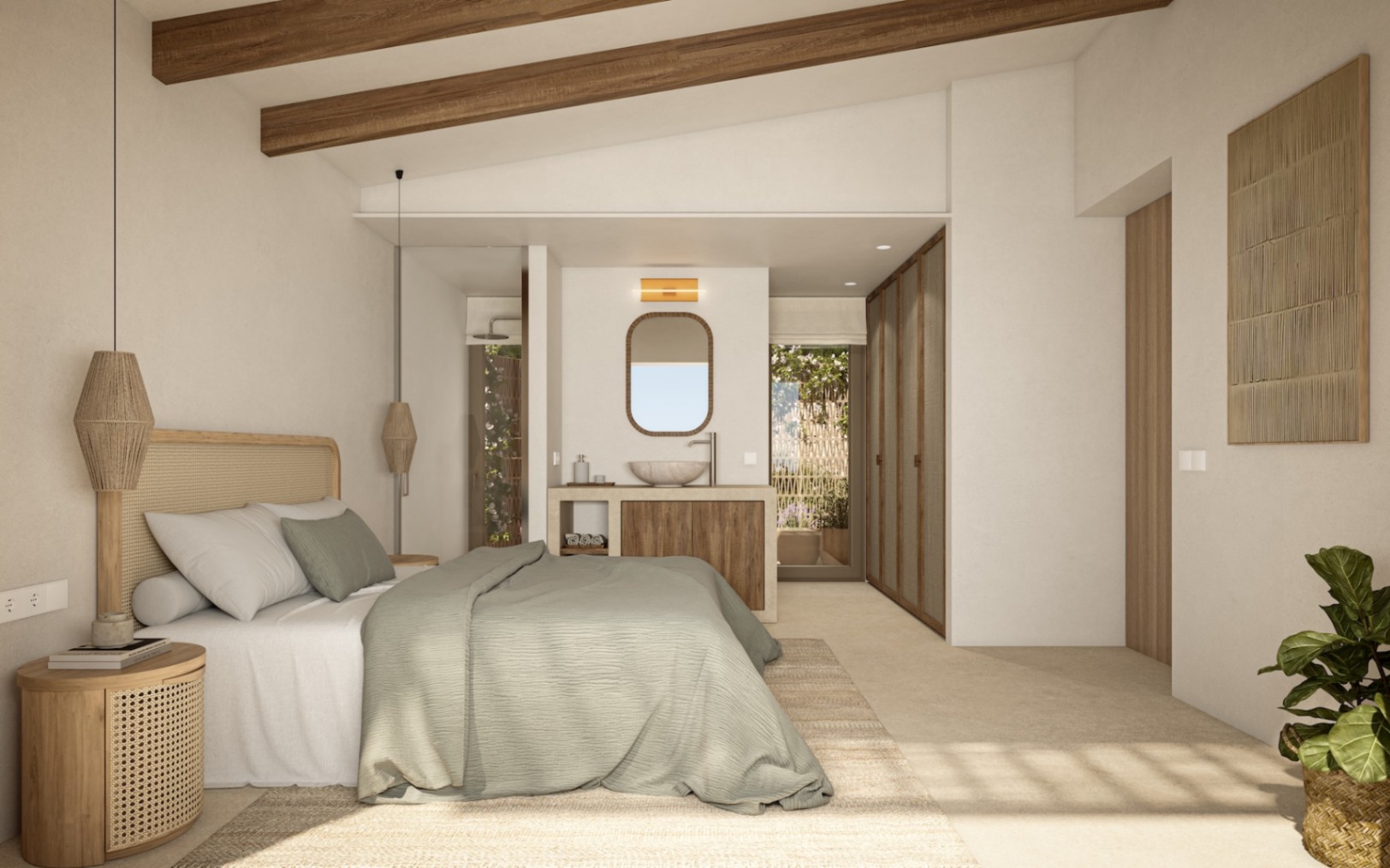 Suite parentale avec poutres en bois apparentes, meuble vasque intégré en pierre et placards sur mesure aux finitions naturelles.