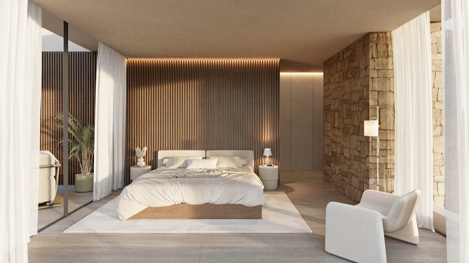 Chambre principale avec mur en lattes de bois, éclairage LED intégré et paroi en pierre naturelle. De grandes baies vitrées s'ouvrent sur une terrasse privée.