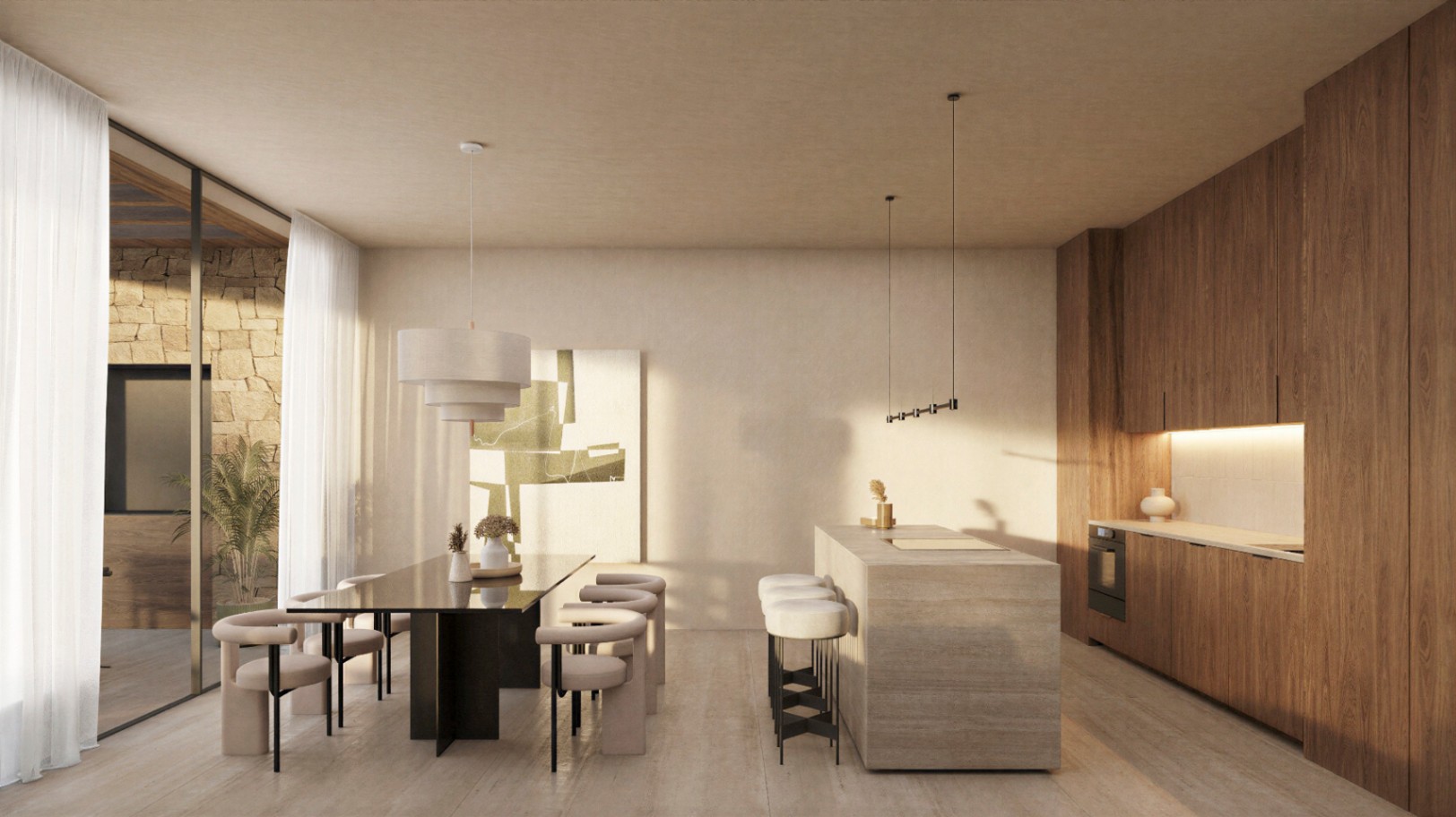 Cuisine de designer avec îlot en pierre naturelle et menuiserie en bois, ouverte sur une salle à manger contemporaine bordée d'un patio aux murs de pierre.