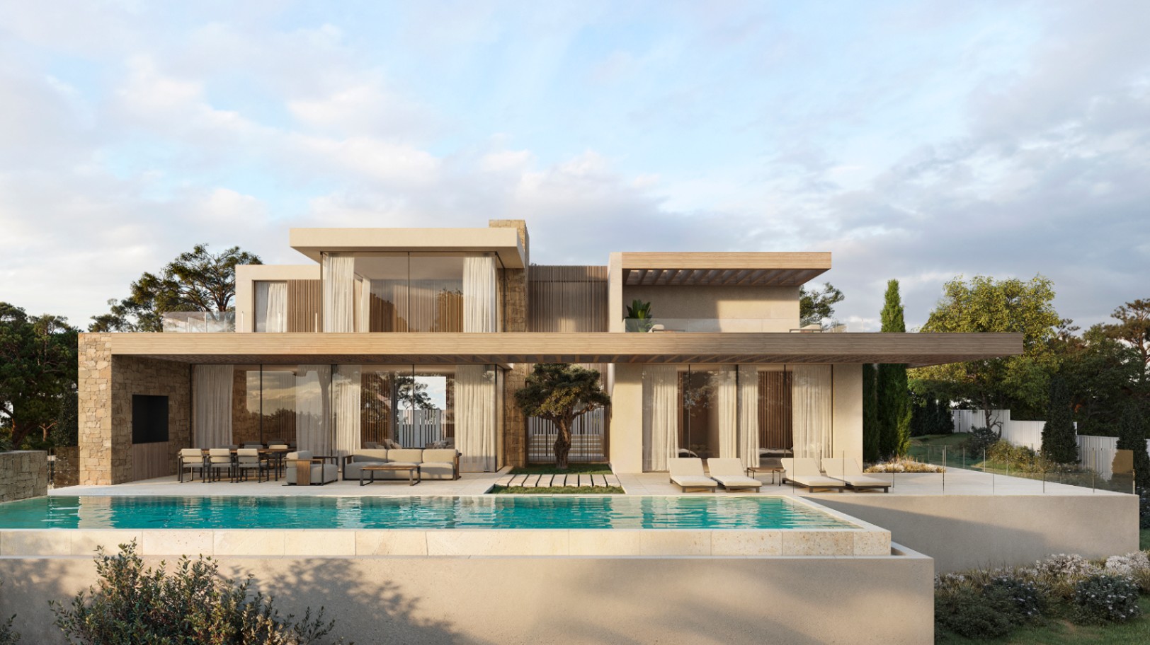 Façade extérieure avec piscine à débordement, vastes terrasses abritées par des pergolas en bois et murs en pierre naturelle intégrés à une architecture moderne.