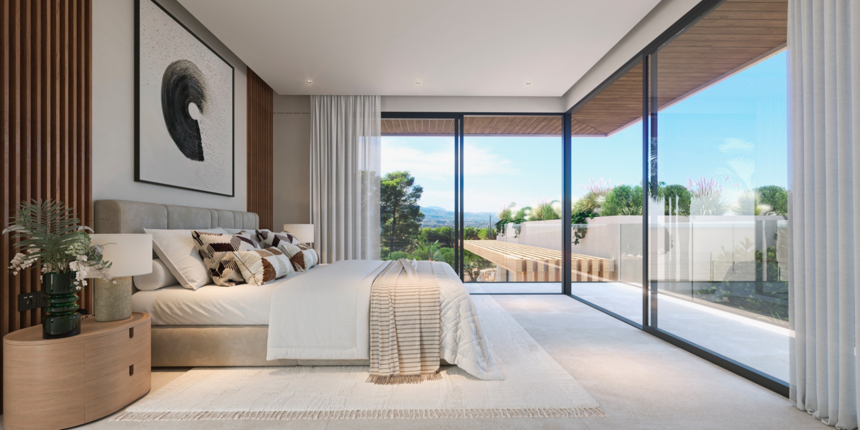 Chambre principale avec baies vitrées toute hauteur, panneaux muraux en bois et accès à une terrasse privée offrant une vue dégagée sur la nature environnante.