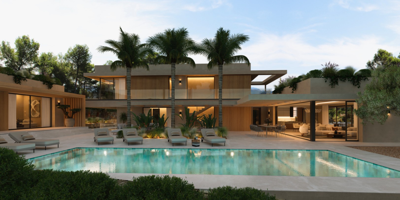 Extérieur de la villa moderne avec piscine rectangulaire, palmiers intégrés et façade en bois dotée de grandes baies vitrées et éclairage intégré.