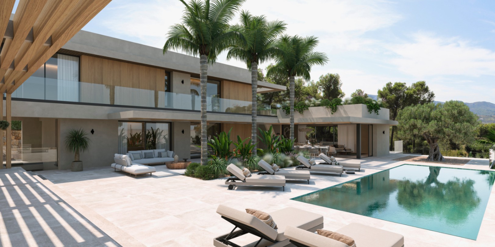 Extérieur de villa moderne avec piscine, vaste terrasse en pierre, palmiers intégrés et façade élégante mêlant béton et parements en bois naturel.