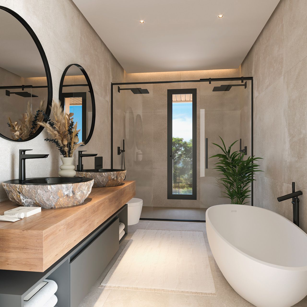 Salle de bain avec doubles vasques en pierre sur plan en bois, baignoire îlot et douche à l'italienne, soulignées par une robinetterie noire et des tons minéraux.