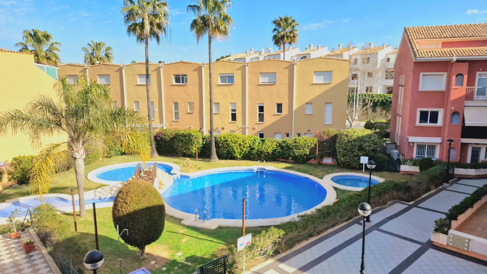 Espace commun comprenant une piscine aux formes courbes, un bassin pour enfants, des pelouses tondues et des palmiers matures.