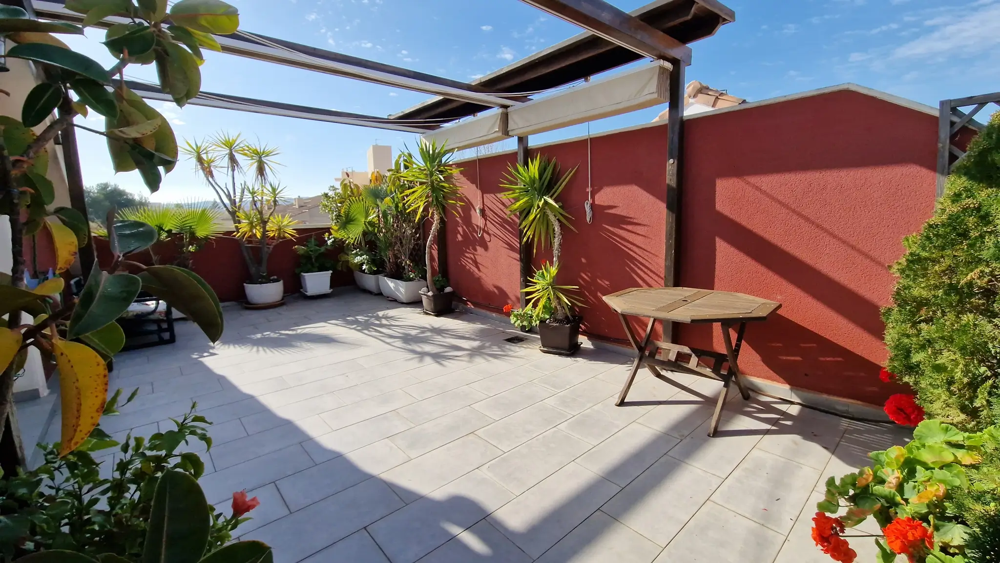 Terrasse extérieure avec carrelage gris, pergola en bois à store escamotable et diverses plantes en pots devant un mur de couleur terre cuite.