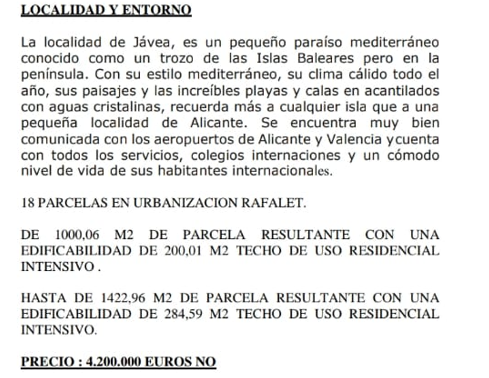 Document technique détaillant l'emplacement à Jávea et les spécifications de construction de 18 parcelles résidentielles à Urbanización Rafalet.