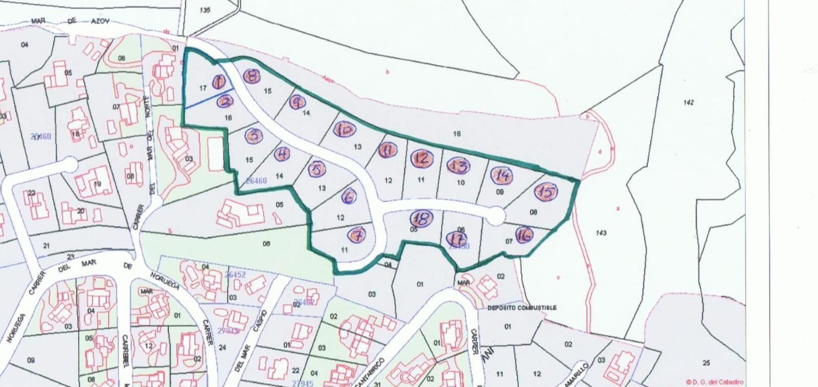 Plan cadastral détaillé montrant la disposition technique des parcelles 11 à 17, délimitées par un contour vert et le tracé des rues adjacentes.